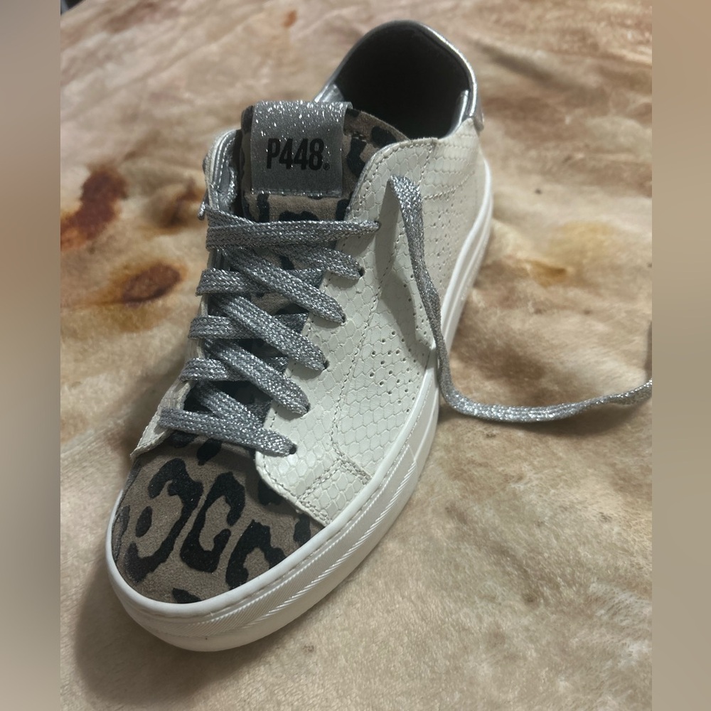 P448 White and Animal Print Sneakers with Silver Laces